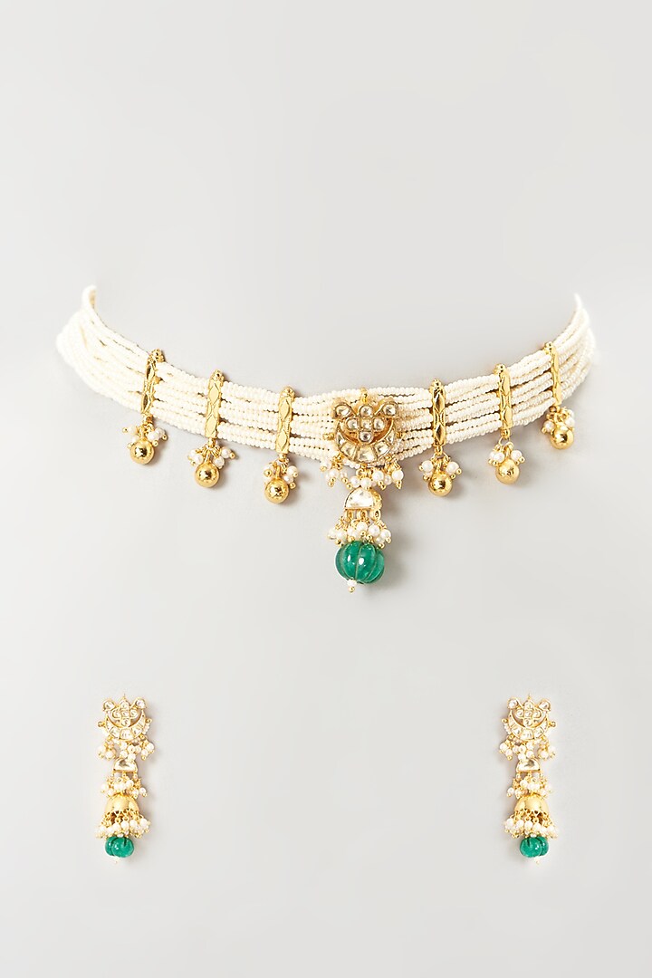 Gold Finish Multi-Colored Kundan Polki Necklace Set by Mortantra at Pernia's Pop Up Shop