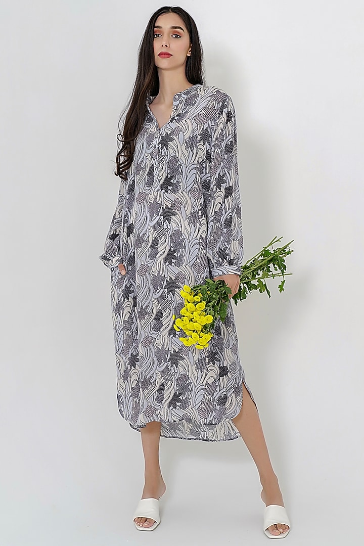 Grey Printed A-line Dress by More Soul