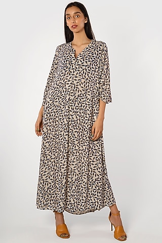 Ivory Viscose Leaf Printed Dress by More Soul