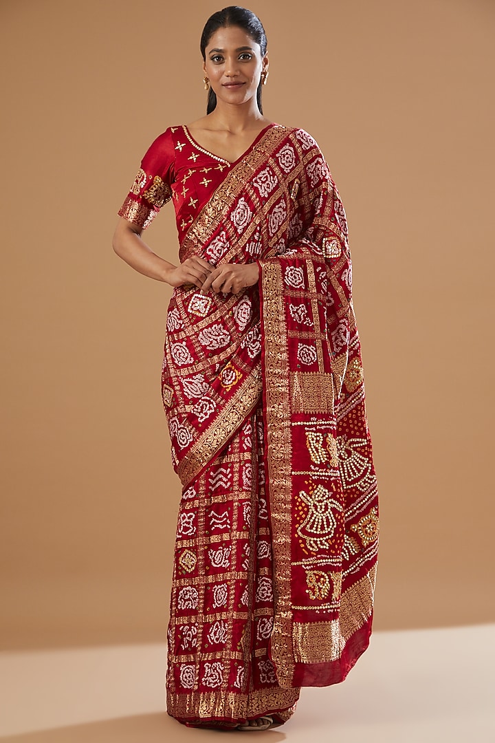 Red Raw Silk Bandhani Printed Saree Set by House Of Jamoti