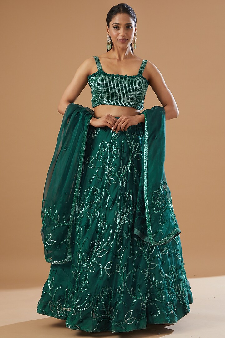 Green Pure Organza Embellished Wedding Lehenga Set by House Of Jamoti at Pernia's Pop Up Shop