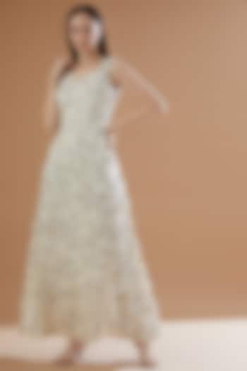 Ivory Tulle & Organza Embroidered A-Line Dress by House Of Jamoti