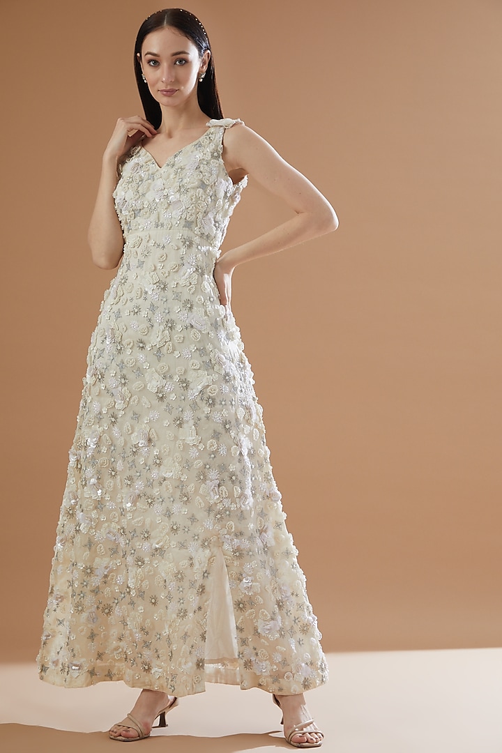 Ivory Tulle & Organza Embroidered A-Line Dress by House Of Jamoti