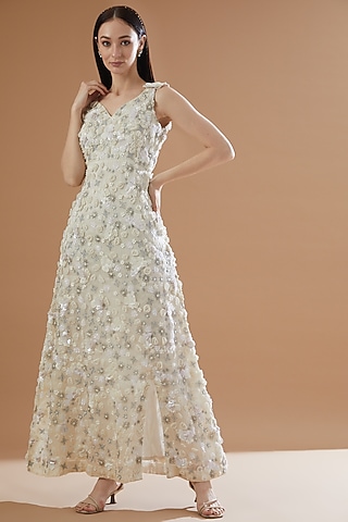 Ivory Tulle & Organza Embroidered A-Line Dress by House Of Jamoti