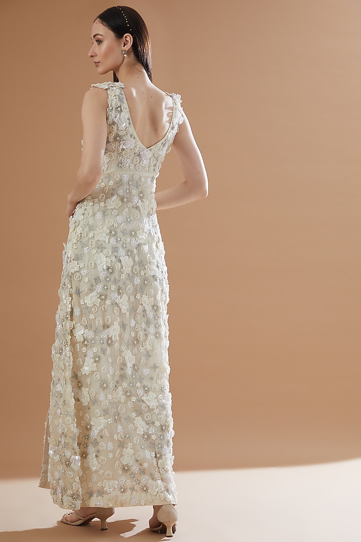 Ivory Tulle & Organza Embroidered A-Line Party Wear Dress by House Of Jamoti at Pernia's Pop Up Shop