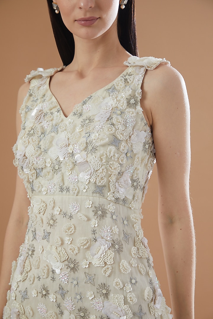 Ivory Tulle & Organza Embroidered A-Line Party Wear Dress by House Of Jamoti at Pernia's Pop Up Shop