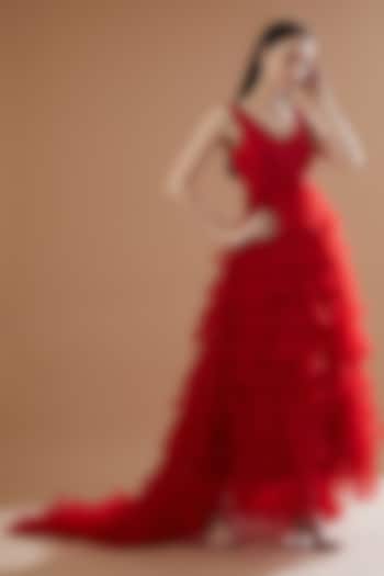Red Net Layered Party Wear Gown by House Of Jamoti at Pernia's Pop Up Shop