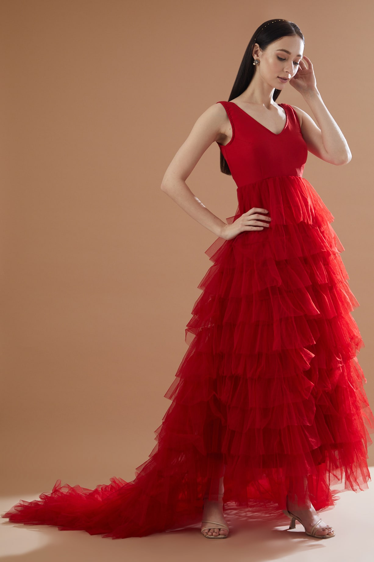 open lace back dress Women's Anahi Slit Ruffle Layer Mesh Floor Length Dress XXS/XS/S/M/L/Customize Red Mean Blvd Red / Xs