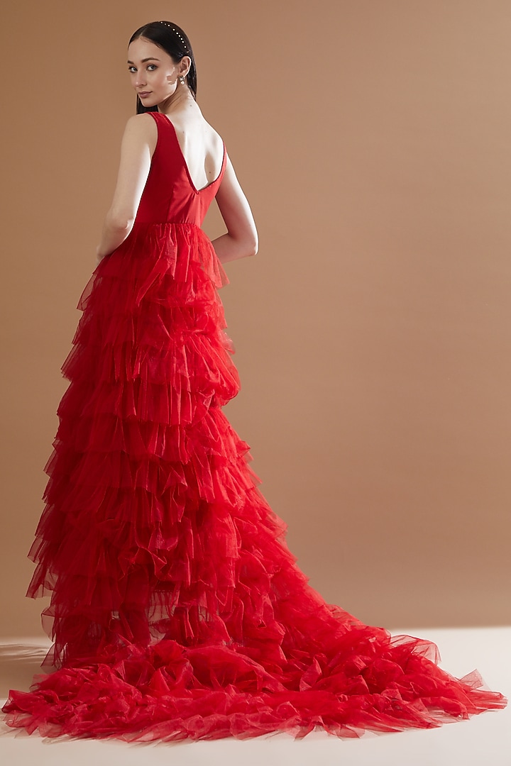 Red Net Layered Party Wear Gown by House Of Jamoti at Pernia's Pop Up Shop