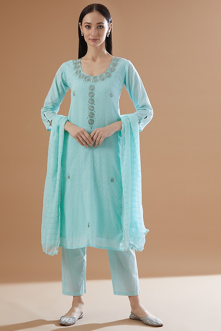 Mint Pure Cotton Embroidered Kurta Set by House Of Jamoti at Pernia's Pop Up Shop