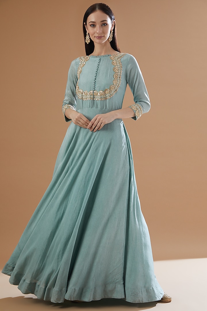 Blue Dola Silk Embroidered Gown by House Of Jamoti