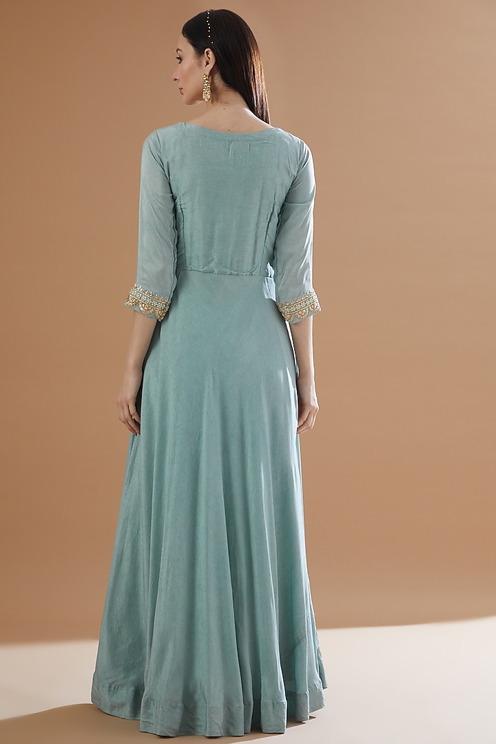 Blue Dola Silk Embroidered Party Wear Gown by House Of Jamoti at Pernia's Pop Up Shop