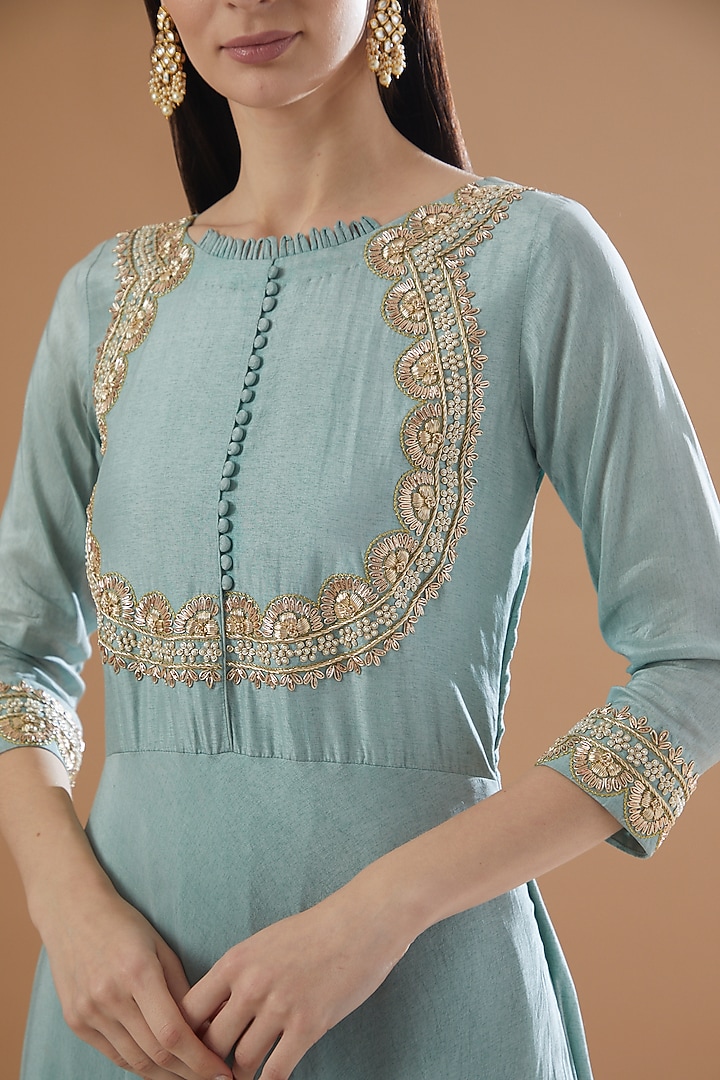 Blue Dola Silk Embroidered Party Wear Gown by House Of Jamoti at Pernia's Pop Up Shop