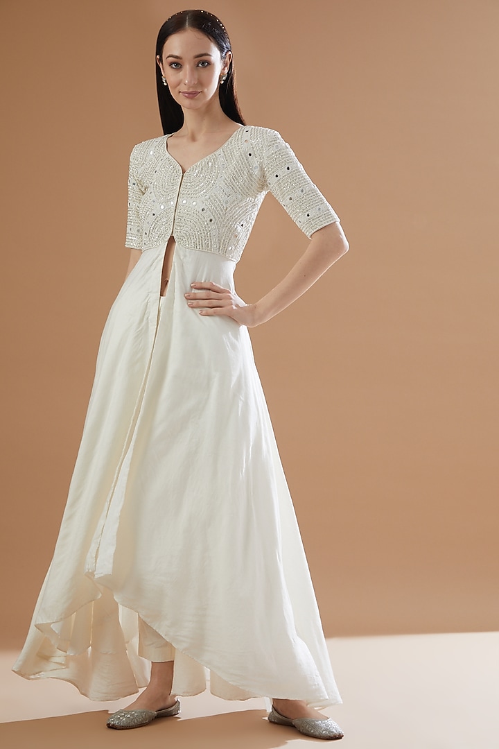 White Assam Silk Embroidered Party Wear Gown by House Of Jamoti at Pernia's Pop Up Shop