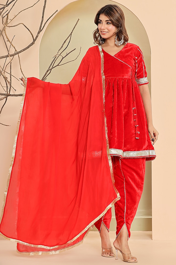 Red Velvet Gota Lace Work Angrakha Kurta Set by House Of Jamoti at Pernia's Pop Up Shop