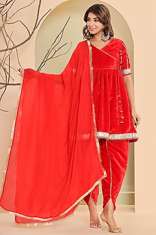 Red Velvet Gota Lace Work Angrakha Kurta Set by House Of Jamoti