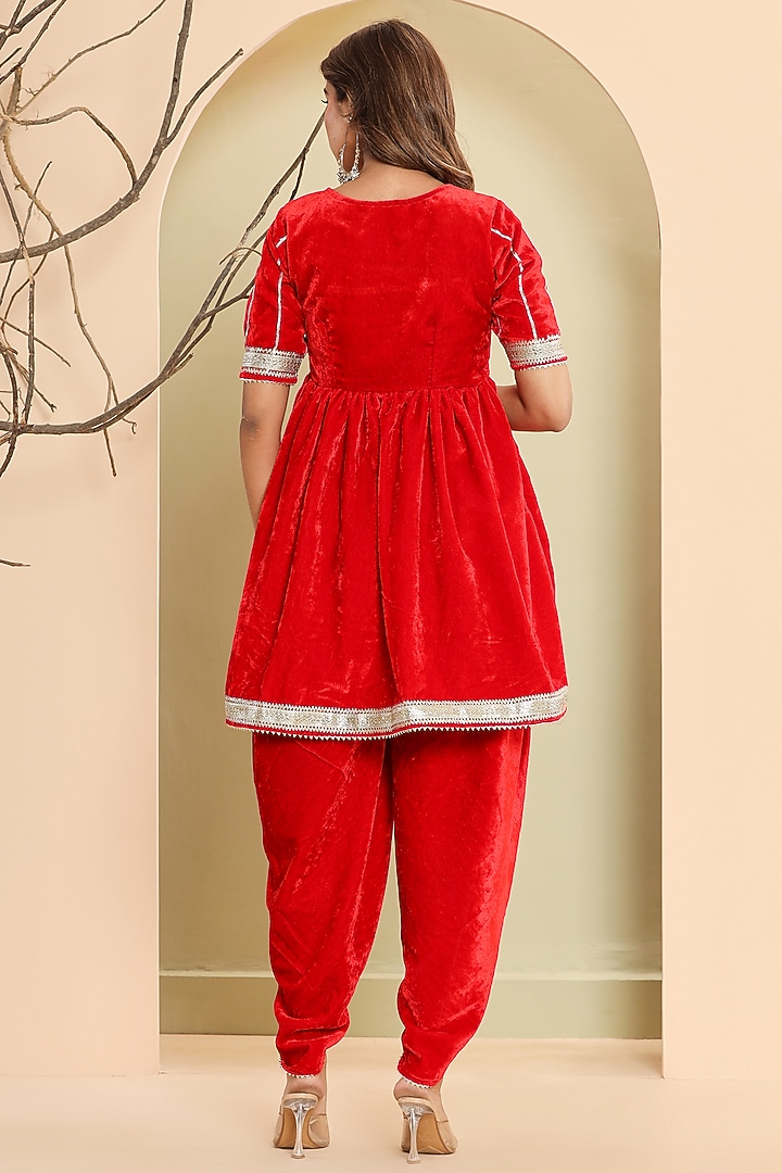 Red Velvet Gota Lace Work Angrakha Kurta Set by House Of Jamoti at Pernia's Pop Up Shop