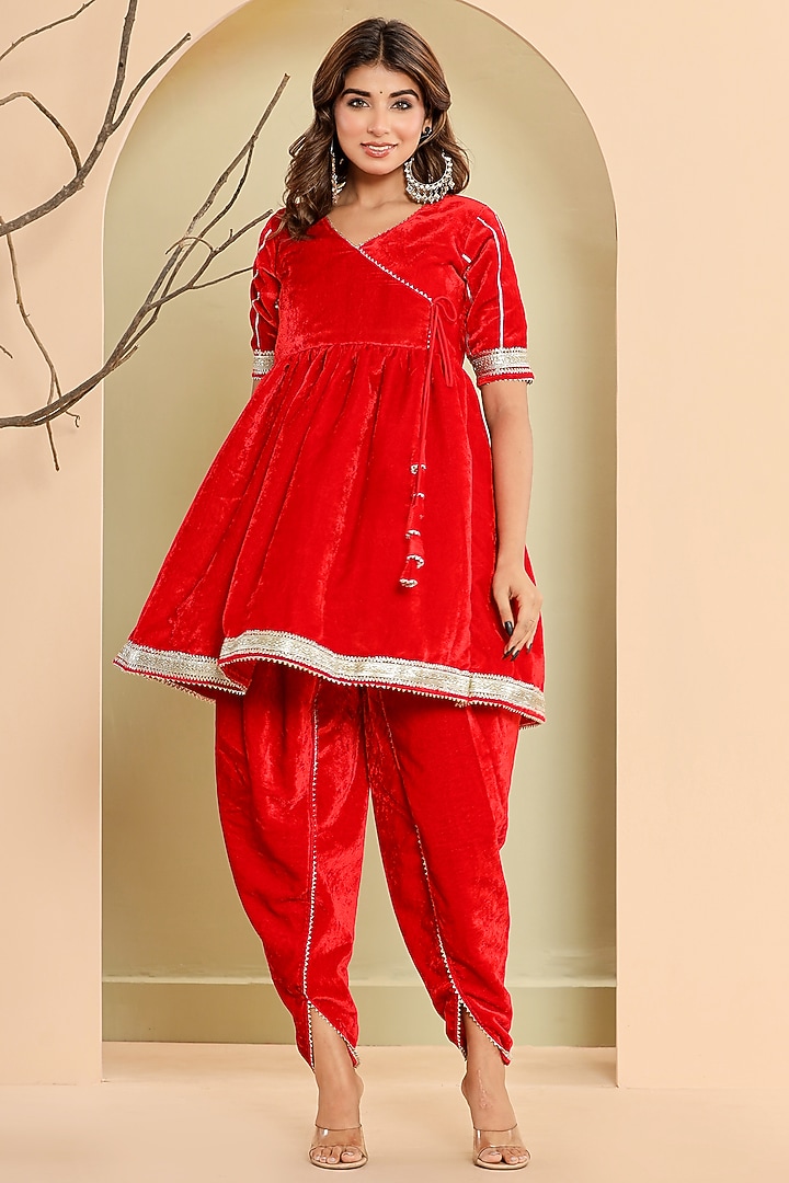 Red Velvet Gota Lace Work Angrakha Kurta Set by House Of Jamoti at Pernia's Pop Up Shop