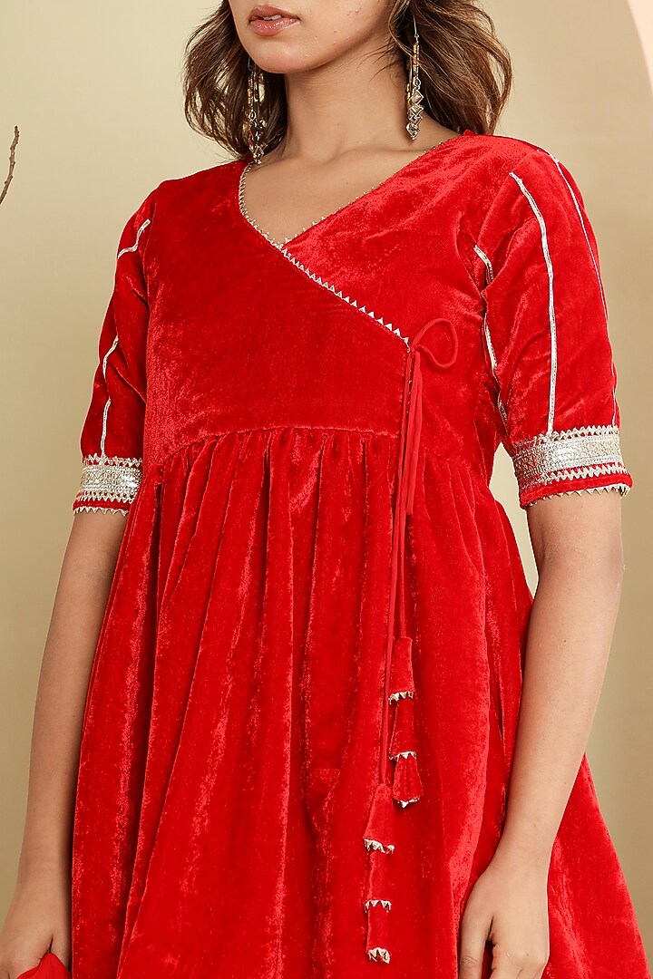 Red Velvet Gota Lace Work Angrakha Kurta Set by House Of Jamoti at Pernia's Pop Up Shop