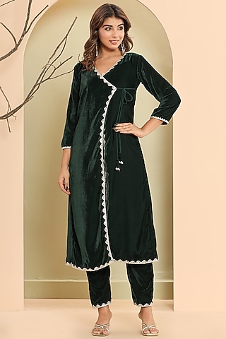 Green Velvet Lace Work Angrakha Kurta Set by House Of Jamoti