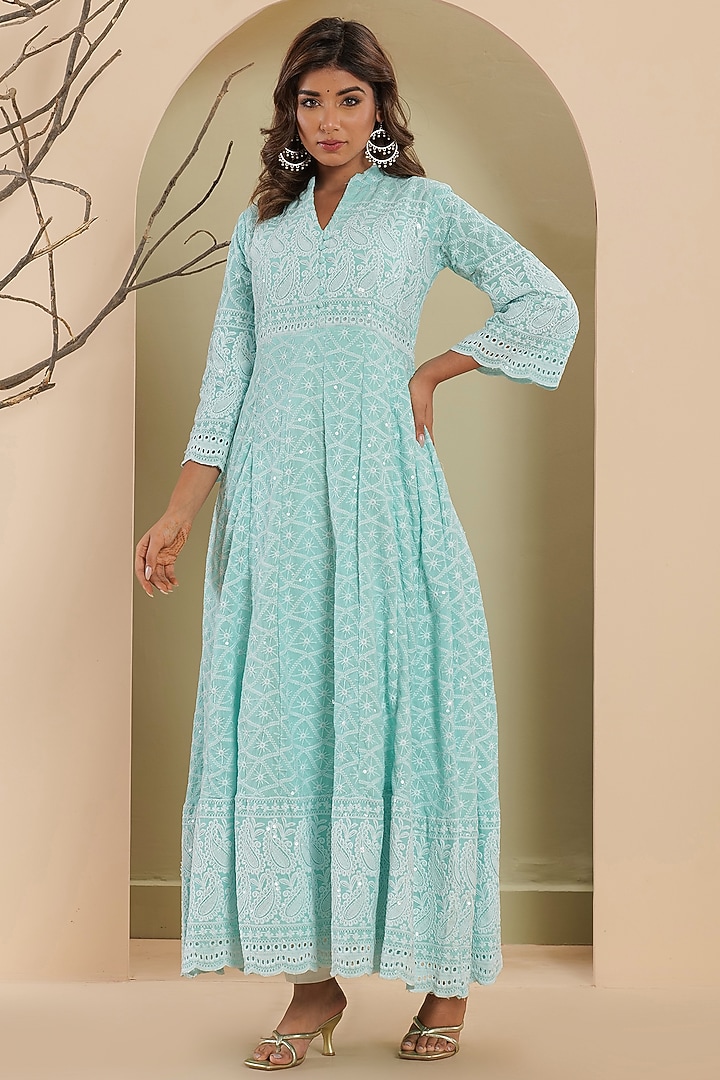 Ice Blue Chikankari Anarkali Set by House Of Jamoti at Pernia's Pop Up Shop