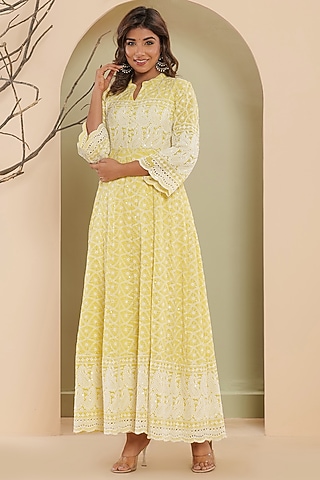Lemon Yellow Chikankari Anarkali Set by House Of Jamoti