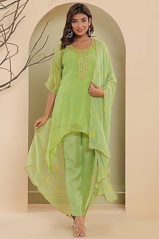 Green Organza Embroidered Kurta Set by House Of Jamoti