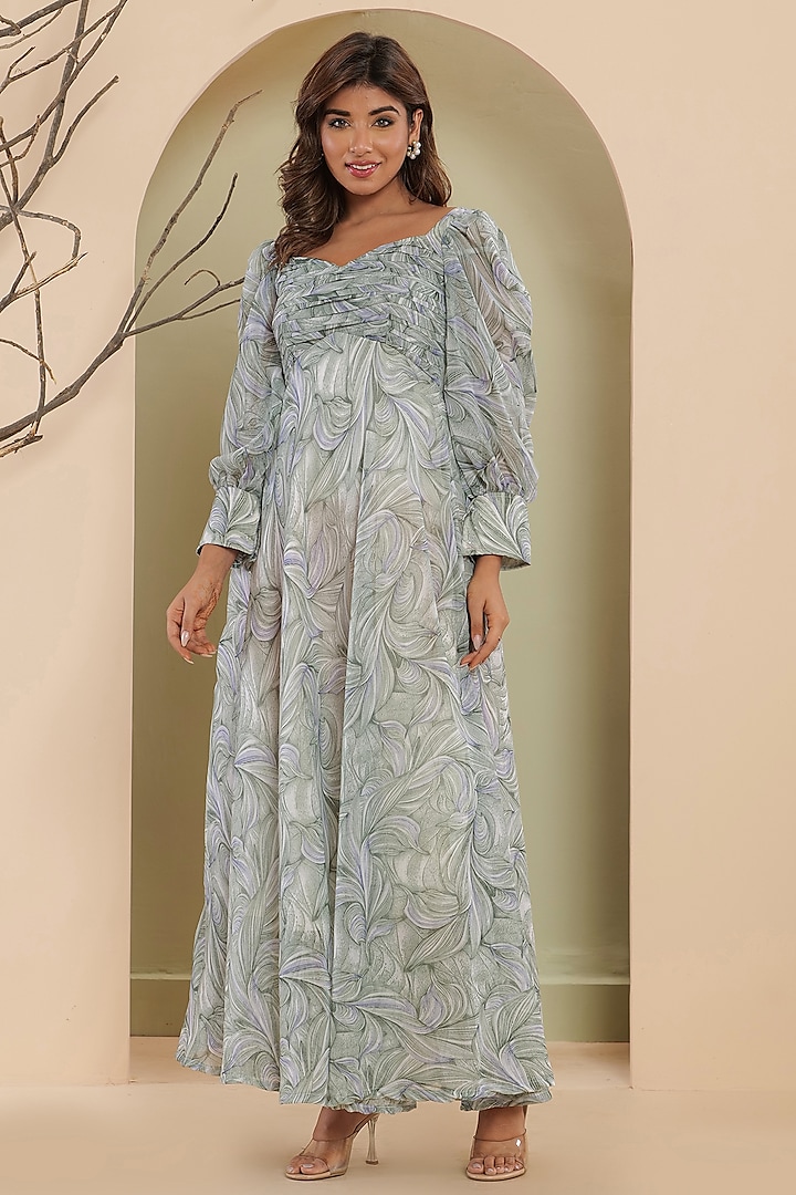 Grey Georgette Floral Printed Pleated Maxi Dress by House Of Jamoti
