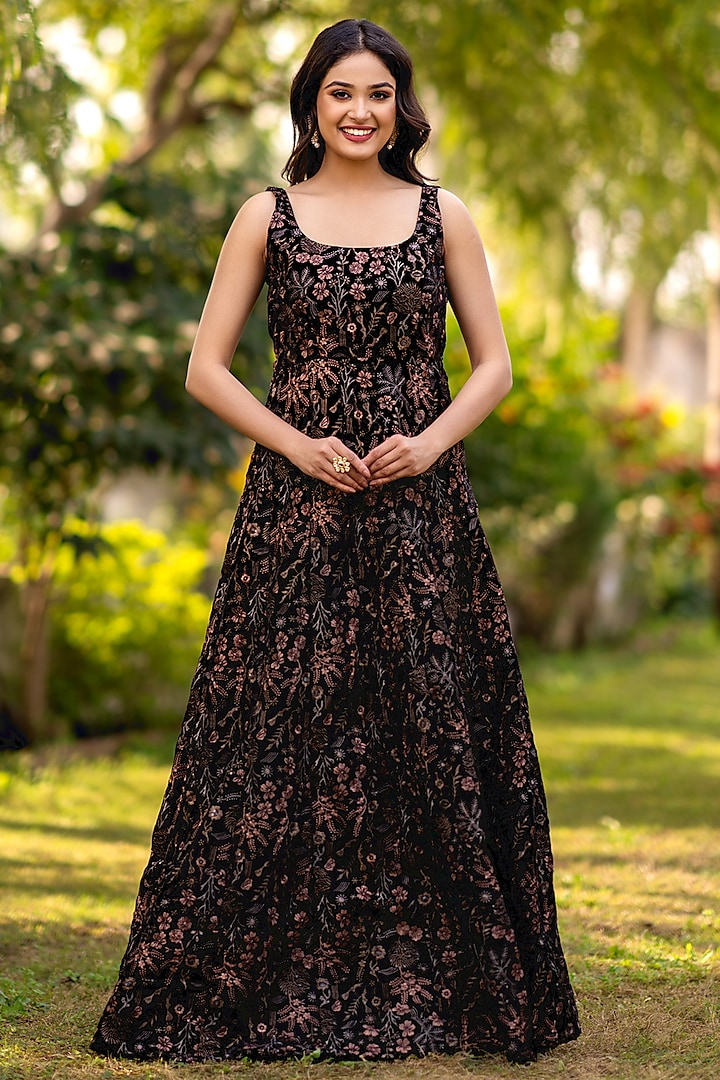 Black Velvet Floral Embroidered Maxi Dress by House Of Jamoti