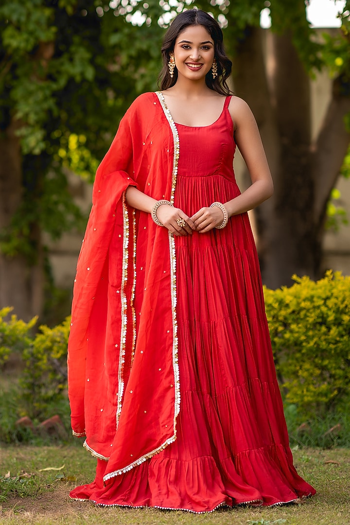 Red Muslin Silk Tiered Anarkali Set by House Of Jamoti at Pernia's Pop Up Shop