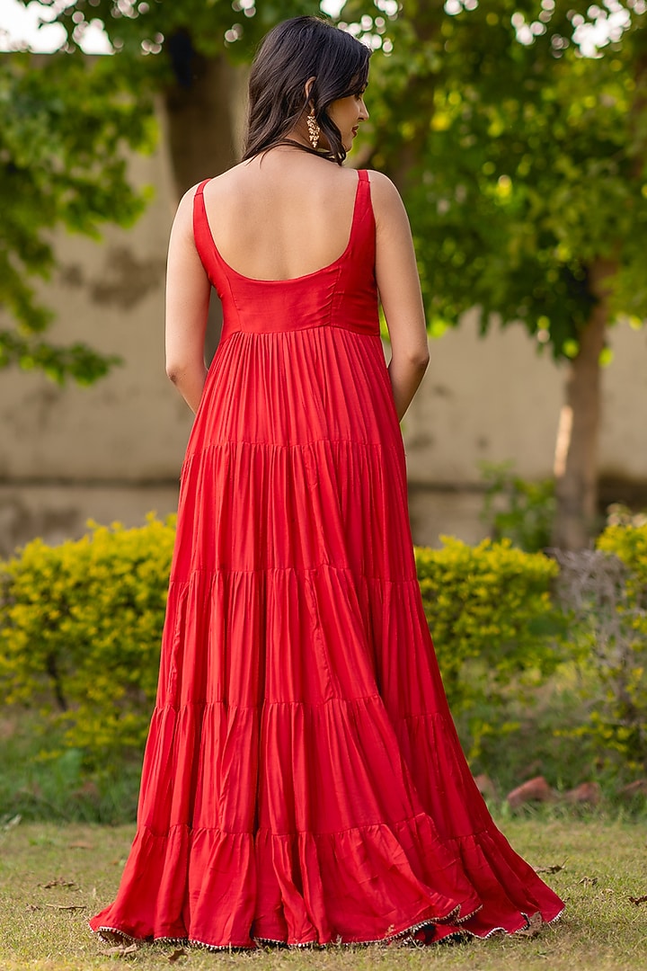 Red Muslin Silk Tiered Anarkali Set by House Of Jamoti at Pernia's Pop Up Shop