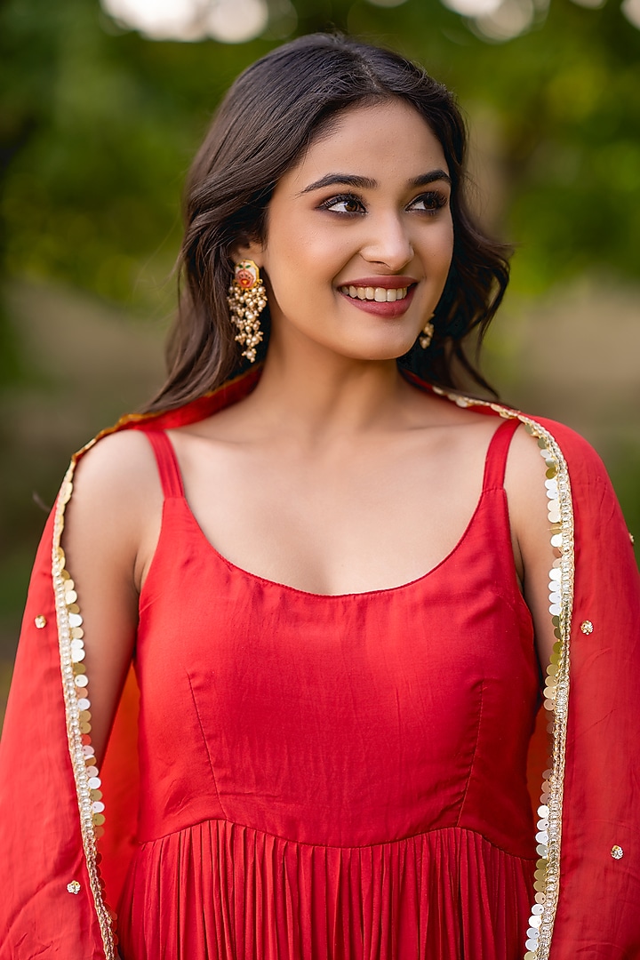 Red Muslin Silk Tiered Anarkali Set by House Of Jamoti at Pernia's Pop Up Shop