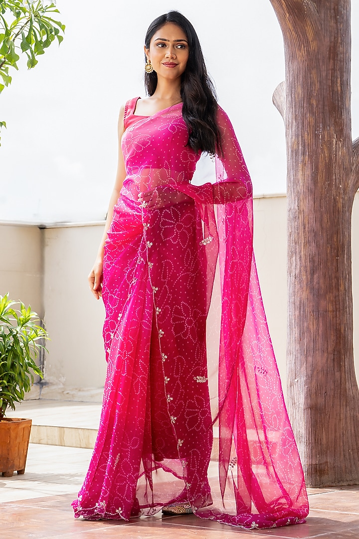 Pink Georgette Gota Patti Handwork Bandhej Festive Saree Set by House Of Jamoti at Pernia's Pop Up Shop