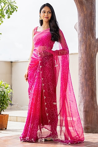 Pink Georgette Gota Patti Handwork Bandhej Saree Set by House Of Jamoti