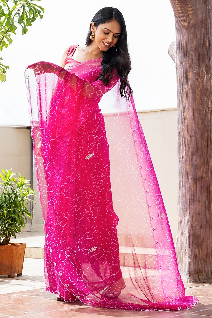 Pink Georgette Gota Patti Handwork Bandhej Festive Saree Set by House Of Jamoti at Pernia's Pop Up Shop
