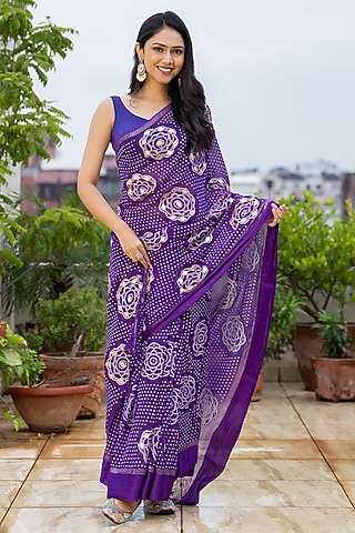 Blue Georgette Gota Patti Handwork Bandhej Saree Set by House Of Jamoti