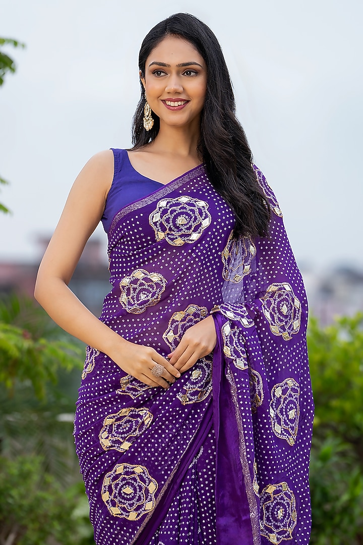 Blue Georgette Gota Patti Handwork Bandhej Festive Saree Set by House Of Jamoti at Pernia's Pop Up Shop