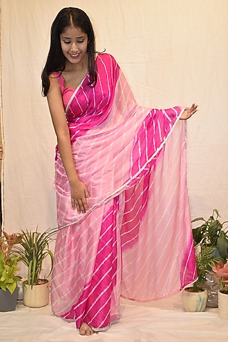 Pink & White Silk Tie-Dyed Saree Set by House Of Jamoti