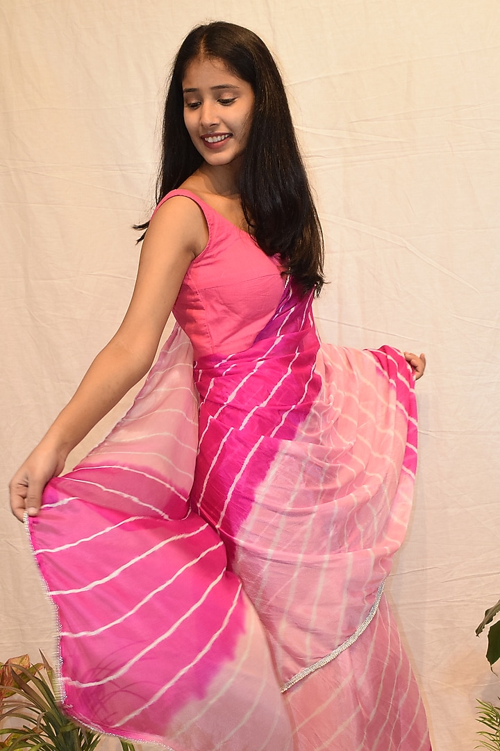 Pink & White Silk Tie-Dyed Festive Saree Set by House Of Jamoti at Pernia's Pop Up Shop
