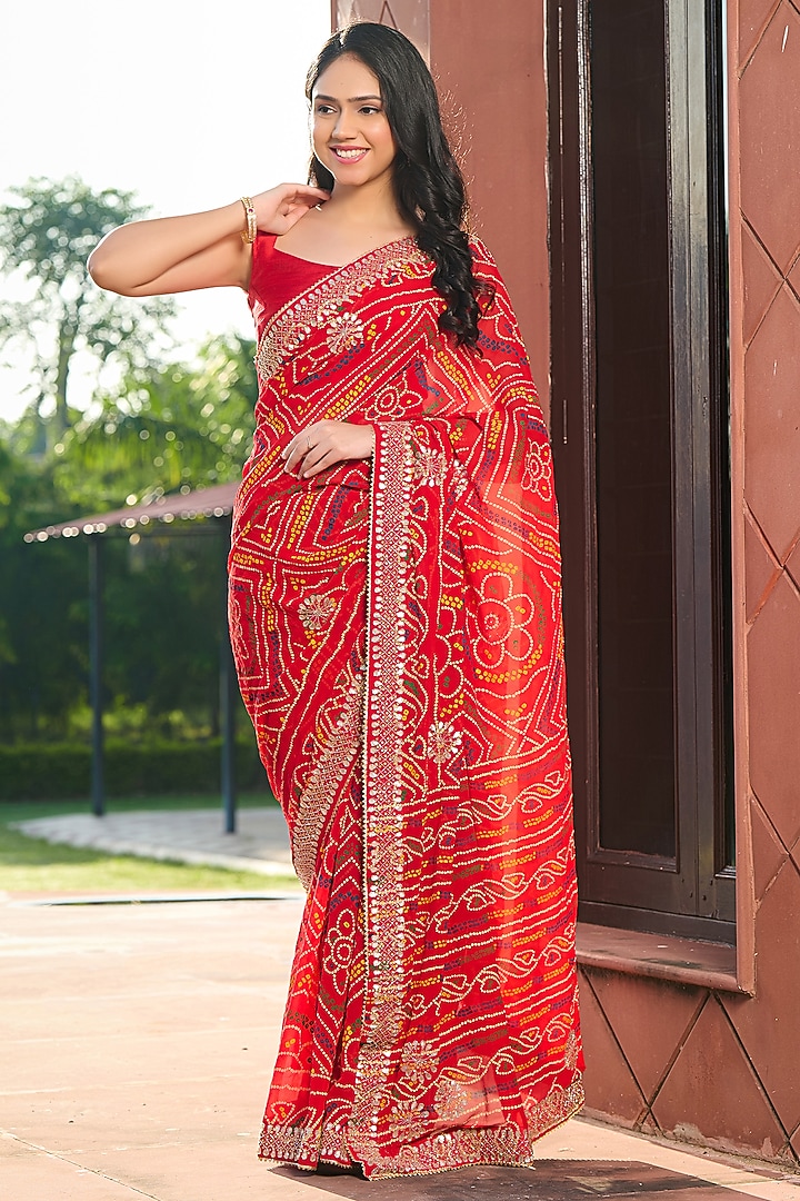Red Viscose Rayon Printed Festive Saree Set by House Of Jamoti at Pernia's Pop Up Shop