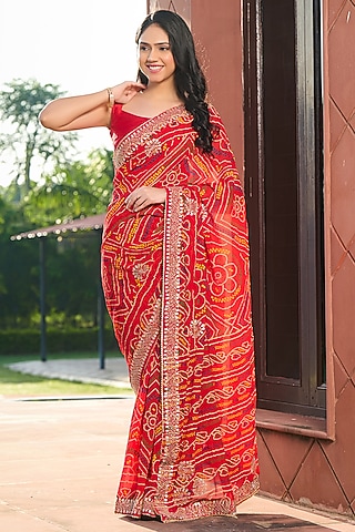 Red Viscose Rayon Printed Saree Set by House Of Jamoti