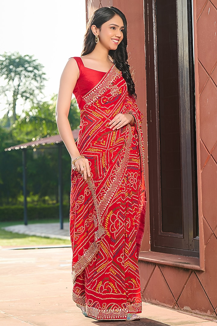 Red Viscose Rayon Printed Festive Saree Set by House Of Jamoti at Pernia's Pop Up Shop