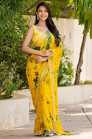 Yellow & Green Chiffon Printed & Mirror Work Saree Set by House Of Jamoti
