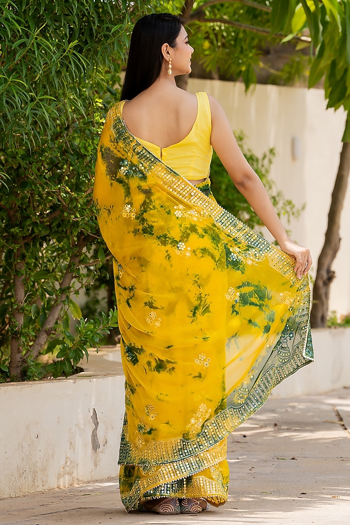 Yellow & Green Chiffon Printed & Mirror Work Festive Saree Set by House Of Jamoti at Pernia's Pop Up Shop