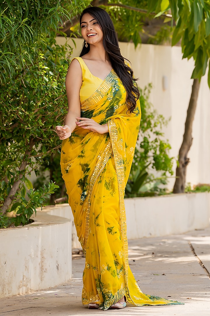 Yellow & Green Chiffon Printed & Mirror Work Festive Saree Set by House Of Jamoti at Pernia's Pop Up Shop