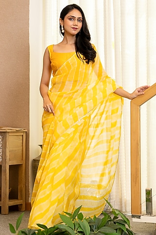 Yellow Organza Leheriya Printed Saree Set by House Of Jamoti