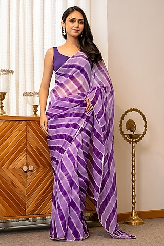 Purple Organza Leheriya Printed Saree Set by House Of Jamoti