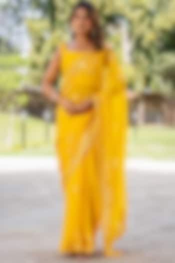 Yellow Silk Mirror Embellished Festive Saree Set by House Of Jamoti at Pernia's Pop Up Shop