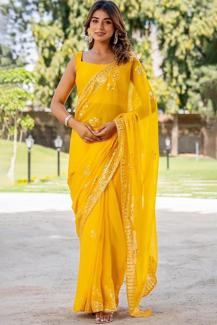 Yellow Silk Mirror Embellished Festive Saree Set by House Of Jamoti at Pernia's Pop Up Shop