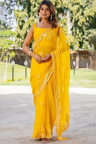 Yellow Silk Mirror Embellished Saree Set by House Of Jamoti